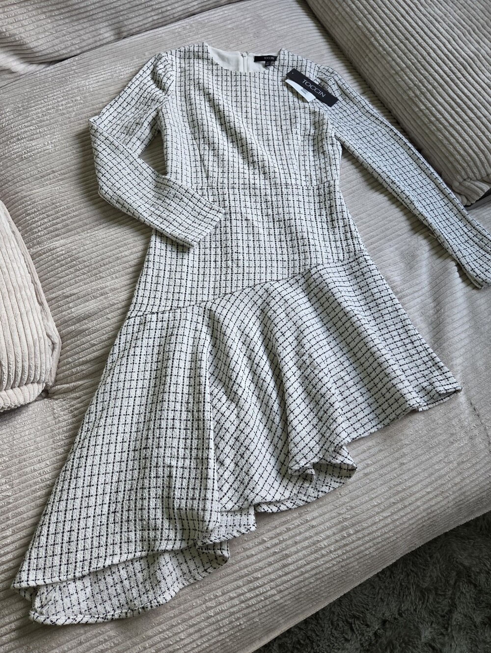 Toccin White and Black Tweed Asymmetrical Midi Dress